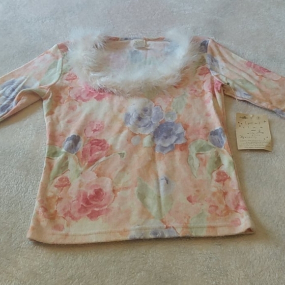 Vintage 90's 976 Clue Pink Floral Print Feather Boa Sweater NWT - Picture 2 of 7